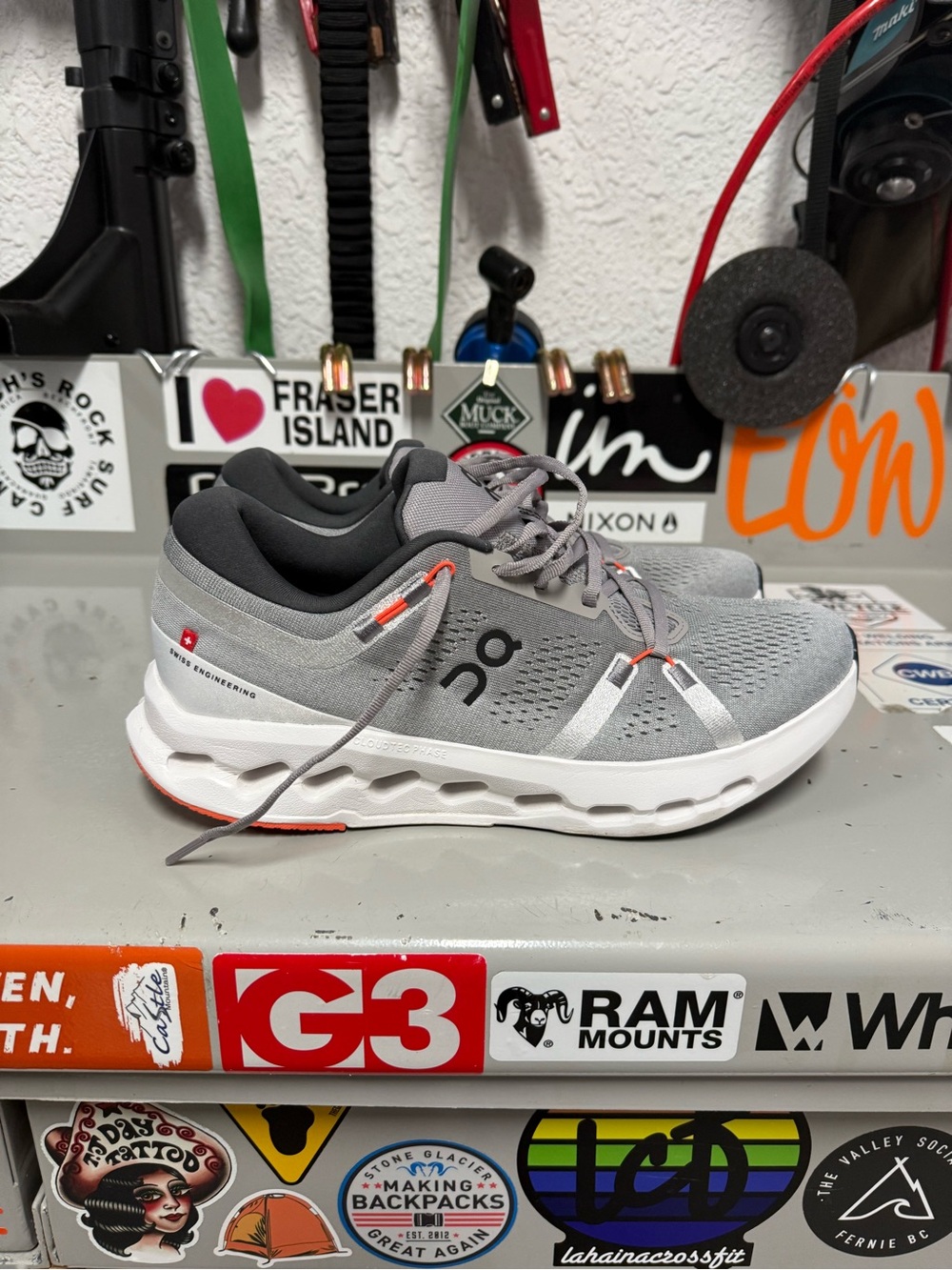 ON Running Gray CloudSurfer Athletic Sneakers with Orange Accents